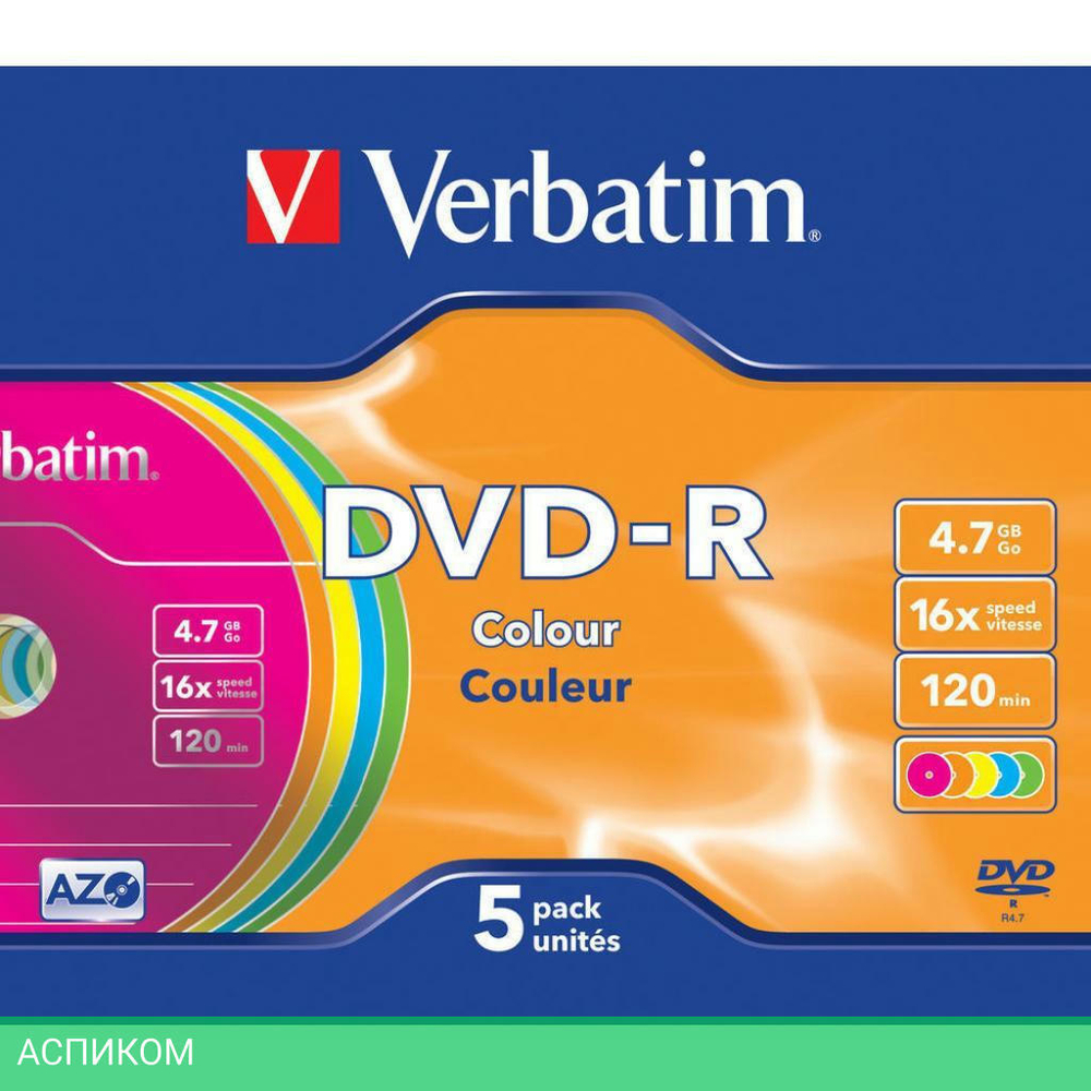 DVD-R диск Verbatim 4.7Gb 16x Slim case Color 5шт (43557)