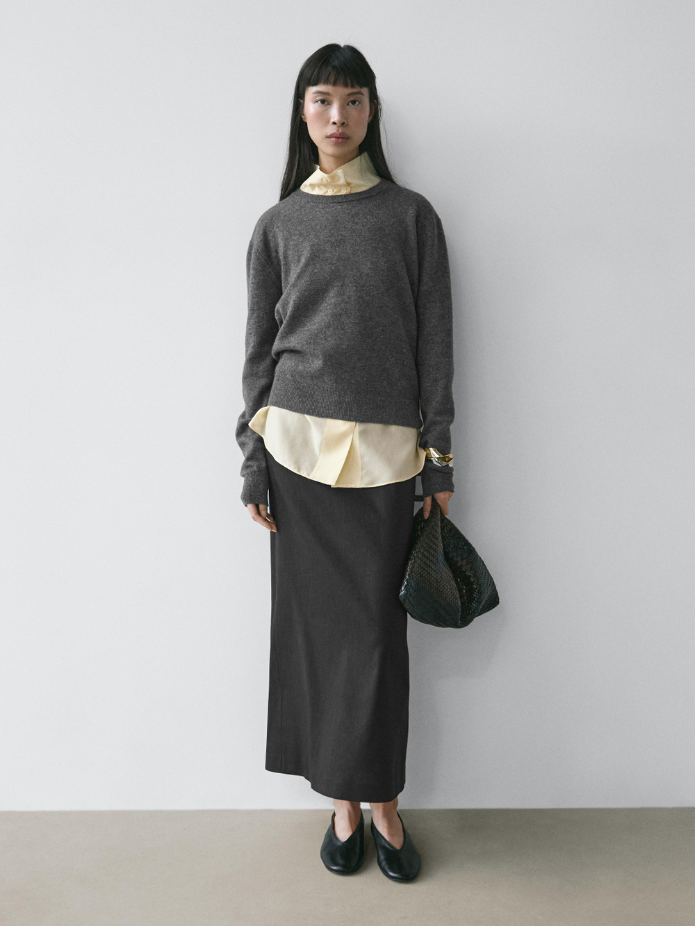 Massimo Dutti Прямая юбка-миди из льняной смеси, черный