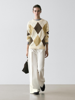 Massimo Dutti Хлопковый вязаный свитер с узором ромбы, натуральный/кремовый