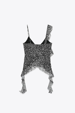 ZARA ТОП ИЗ ПОЛУПРОЗРАЧНОЙ ТКАНИ С ПРИНТОМ И ВОЛАНАМИ, ЧЕРНЫЙ/БЕЛЫЙ