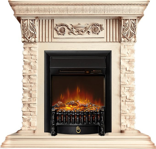 Каминокомплект Luxemburg (каменный) - Сланец/Cлоновая кость с патиной с очагом Fobos FX M Black RC