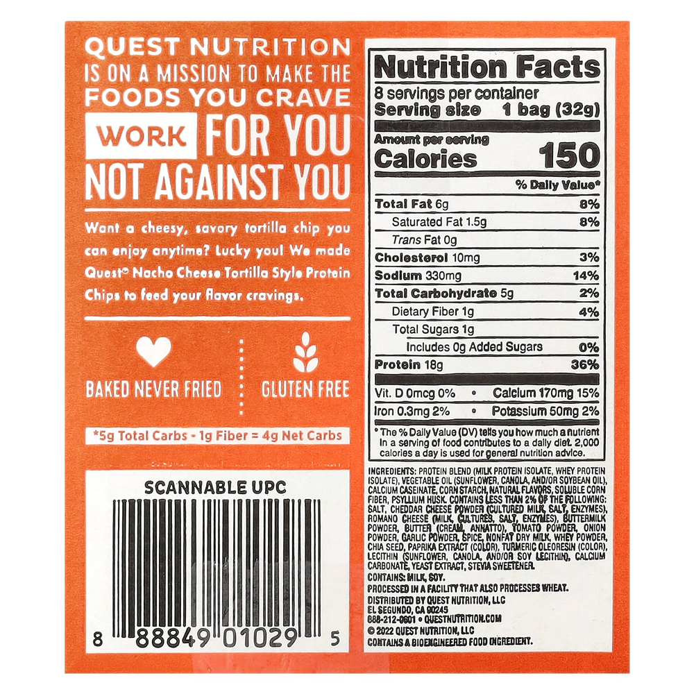 Quest Nutrition, Протеиновые чипсы по типу тортилья, сыр начо, 8 пакетиков по 32 г (1,1 унции)