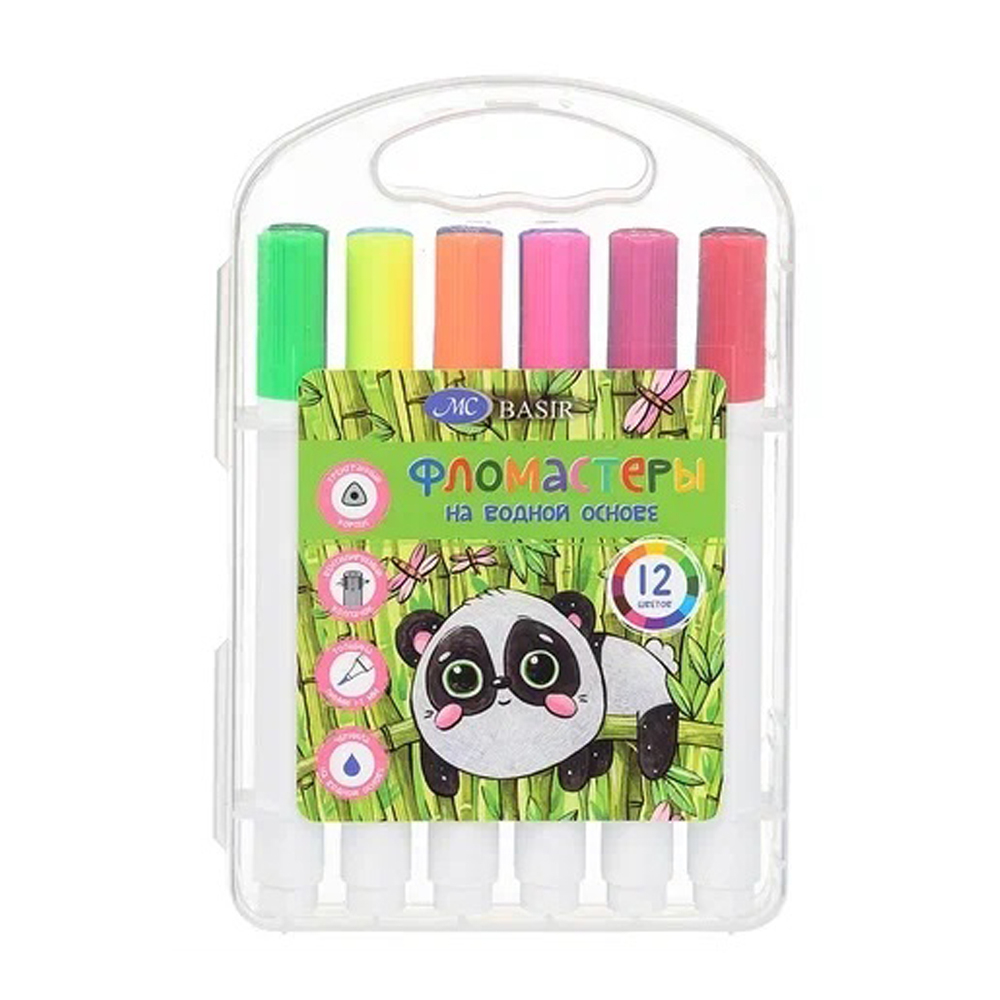 Фломастеры Basir, серия "Панда", разноцветные, в прозрачном пластиковом футляре, набор 12 шт
