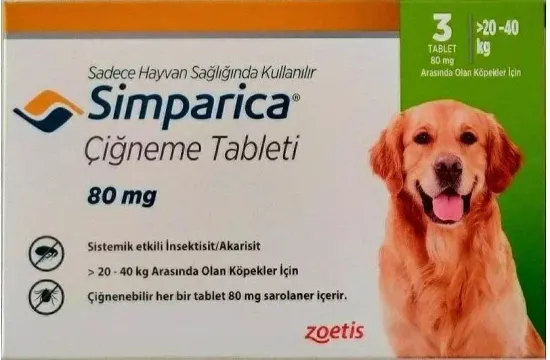 Zoetis таблетки от блох и клещей Симпарика 80 мг для собак от 20.1 до 40 кг 3 шт. в уп.