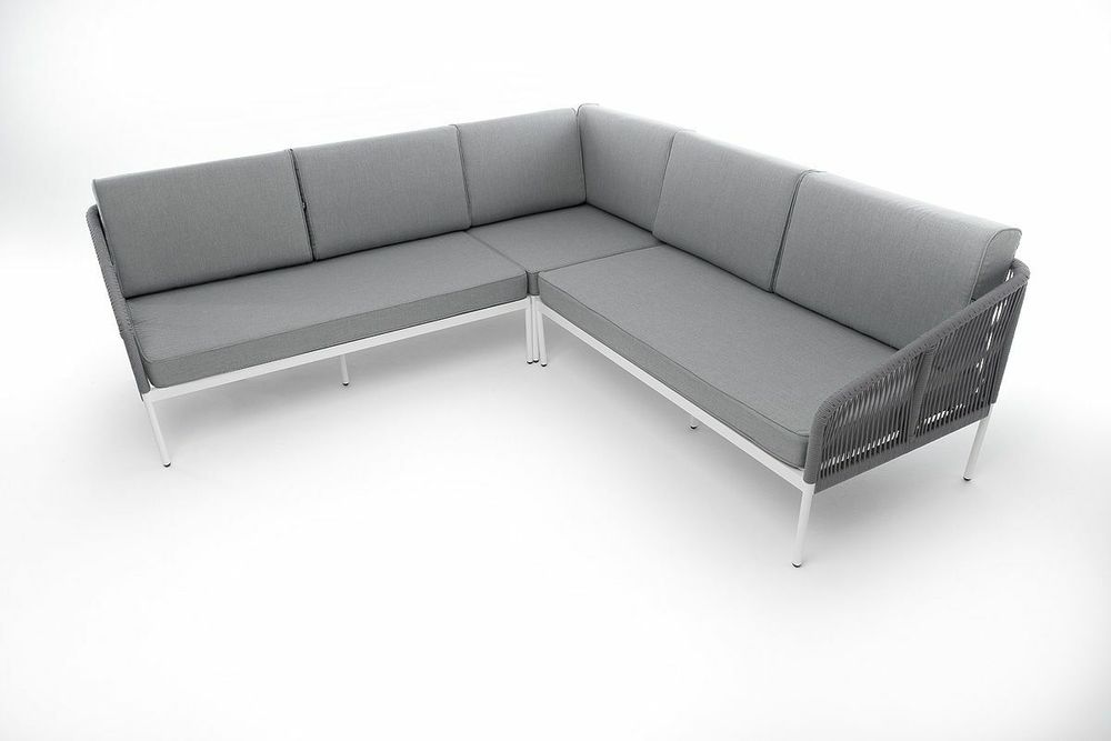 "Канны" диван модульный плетеный из роупа, каркас алюминий белый, роуп светло-серый круглый, ткань светло-серая