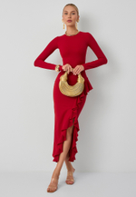 Платье с воланом красное