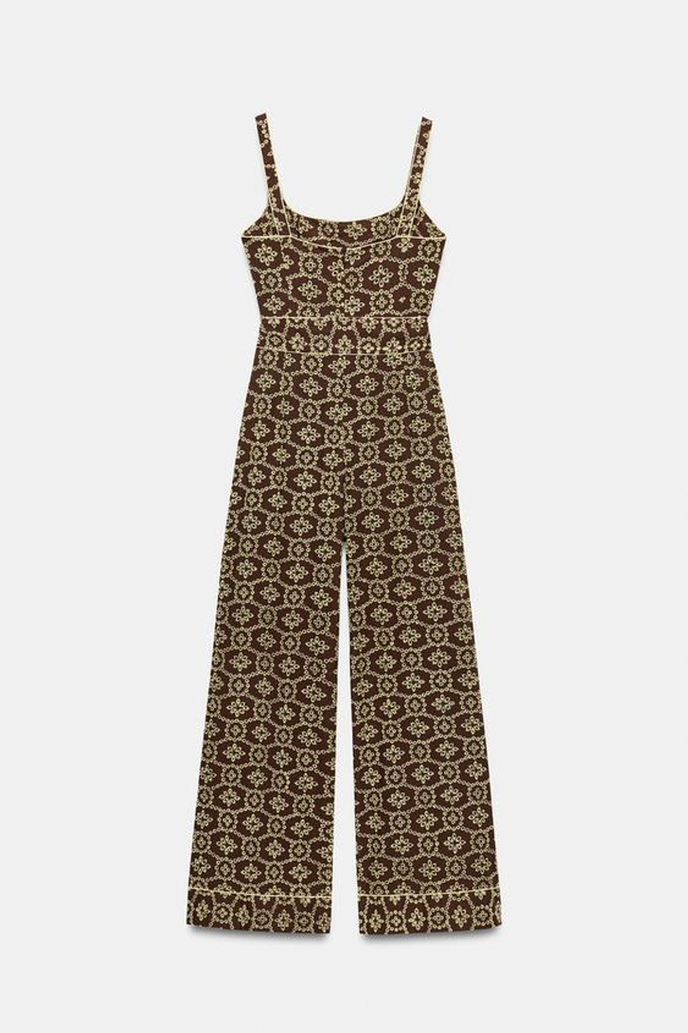 ZARA КОМБИНЕЗОН С ПЕРФОРИРОВАННОЙ ВЫШИВКОЙ И ПОЯСОМ, КОРИЧНЕВЫЙ/ЭКРЮ