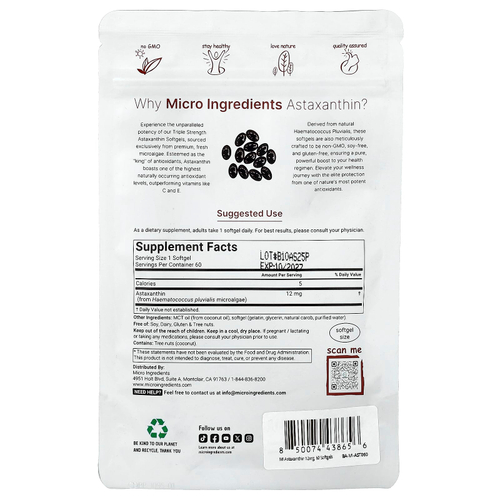 Micro Ingredients, астаксантин, 12 мг, 60 капсул