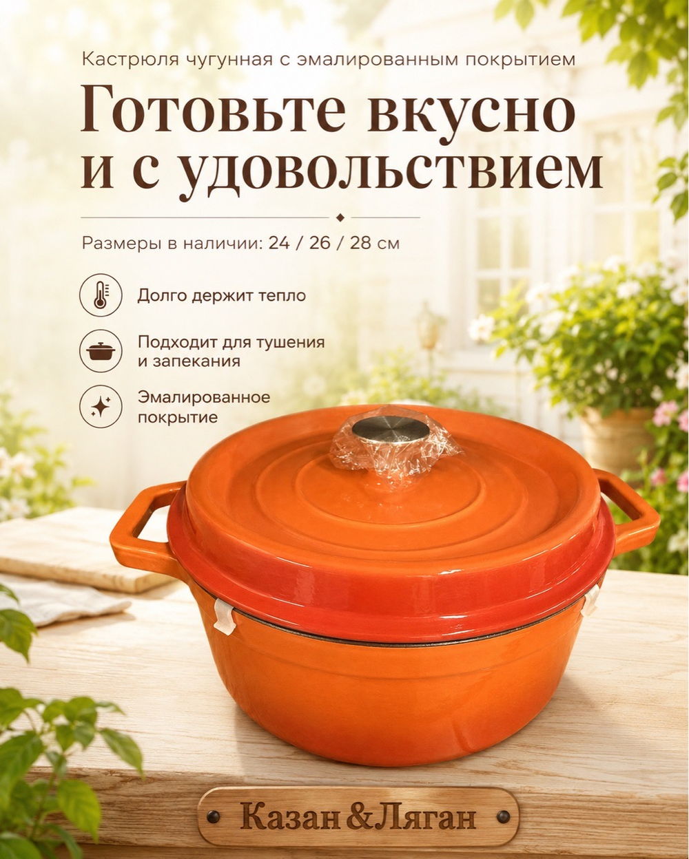 Кастрюля чугунная эмаль 24 см