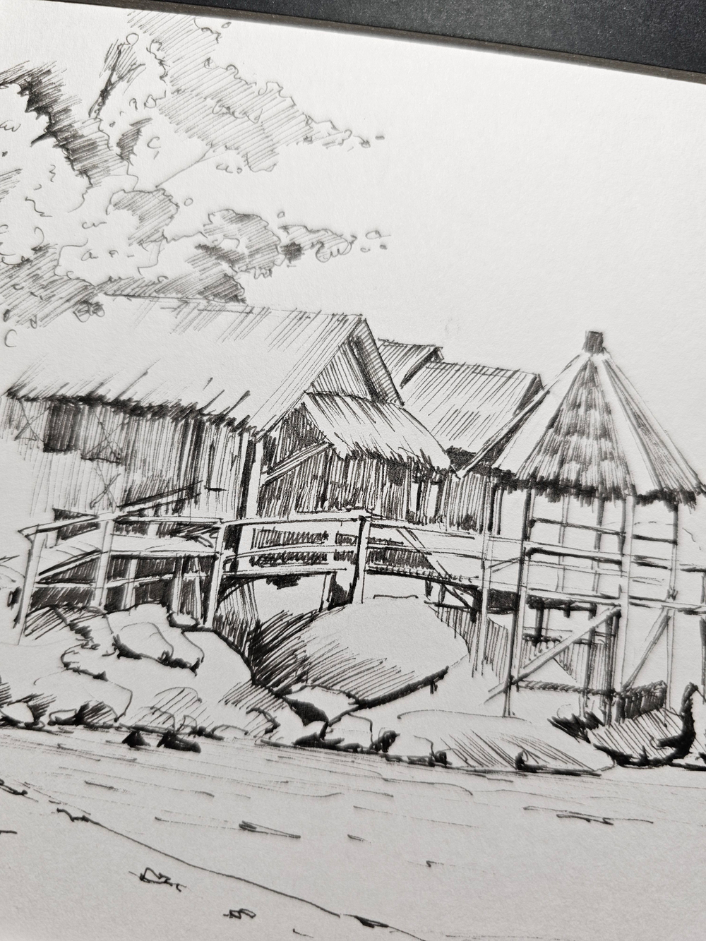 Картина, графика в паспарту 21х30 см на стену для интерьера "Хижины на сваях"