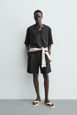 ZARA ФУТБОЛКА ПОЛО ИЗ ЛЬНА, ЧЕРНЫЙ