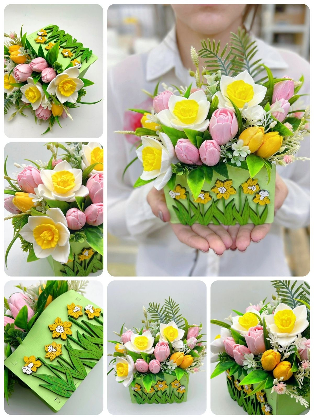 Букет из мыла "Море нарциссов, салатовый бокс"