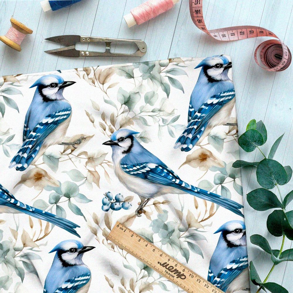 Ткань премиум атлас синие птицы на ветках