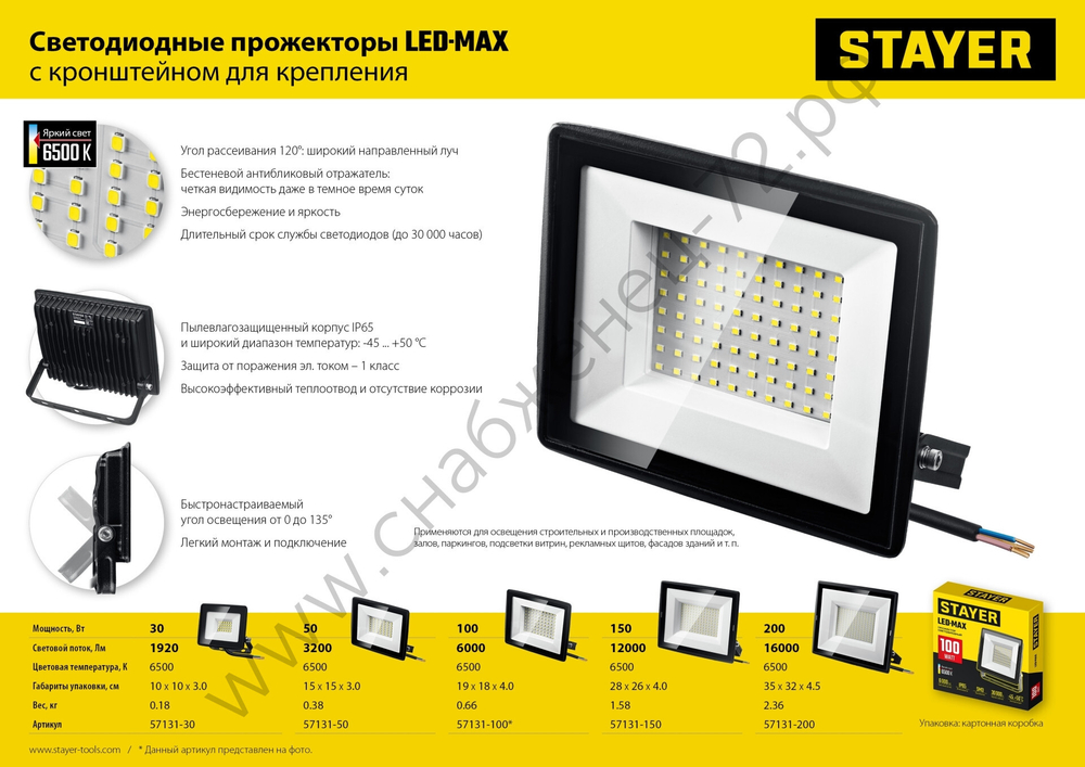 STAYER 30Вт Светодиодный прожектор LED-MAX, (57131-30)