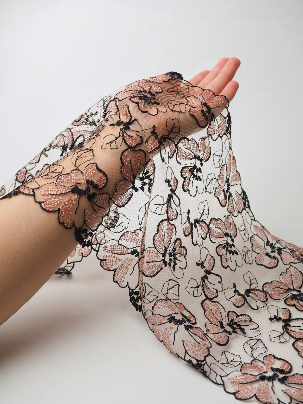 Вышивка на сетке телесная с пудровым и черным ширина 22 см ОТРЕЗЫ