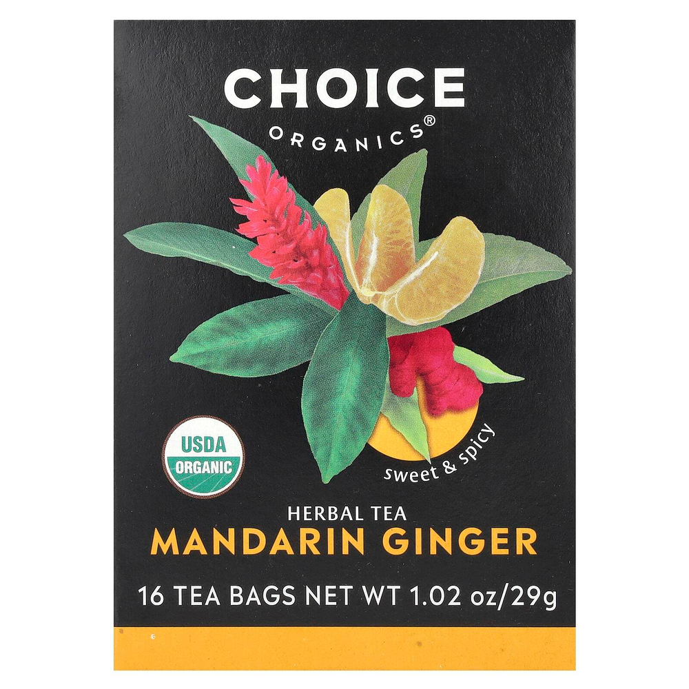 Choice Organic Teas, Herbal Tea, мандарин и имбирь, без кофеина, 16 чайных пакетиков, 29 г (1,02 унции)