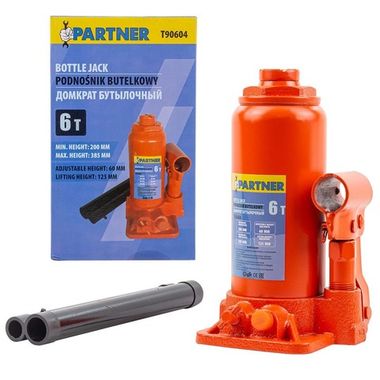 Домкрат бутылочный 6т с клапаном (h min 200мм, h max 385мм, ход штока-125мм, ход винта-60мм) Partner PA-T90604