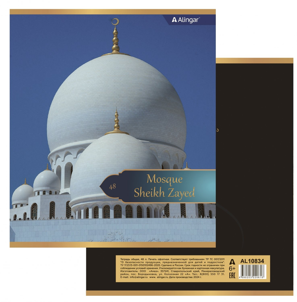 Тетрадь 48л., А5, клетка, Alingar "Masjid", скрепка, мелованный картон (стандарт), блок офсет, 4 дизайна в пленке т/у