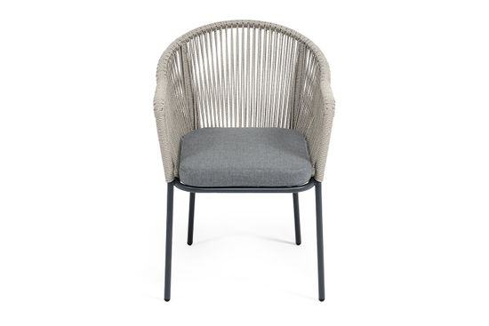 "Лион" стул плетеный из роупа, каркас из стали темно-серый (RAL7024) муар, роуп серый меланж круглый, ткань серая 017