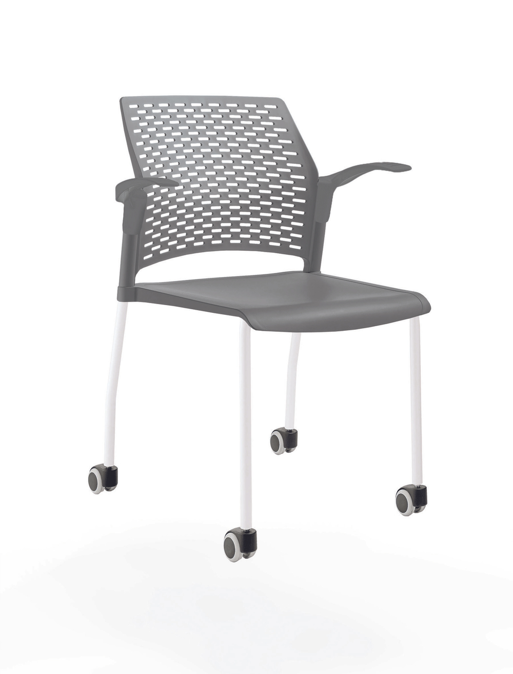 стул Rewind на 4 ногах и колесах, каркас белый, пластик серый, с открытыми подлокотниками, сиденье и спинка без обивки