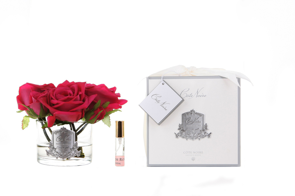 Букет из 5 роз ароматизированный в прозрачной вазе и 1 спрей Cote Noire Five Rose Carmine red