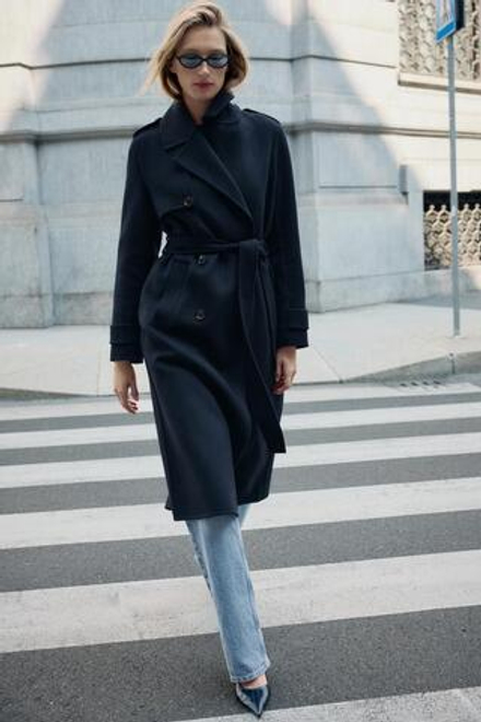ZARA ПАЛЬТО ИЗ ШЕРСТИ С ПОЯСОМ, МОРСКОЙ СИНИЙ
