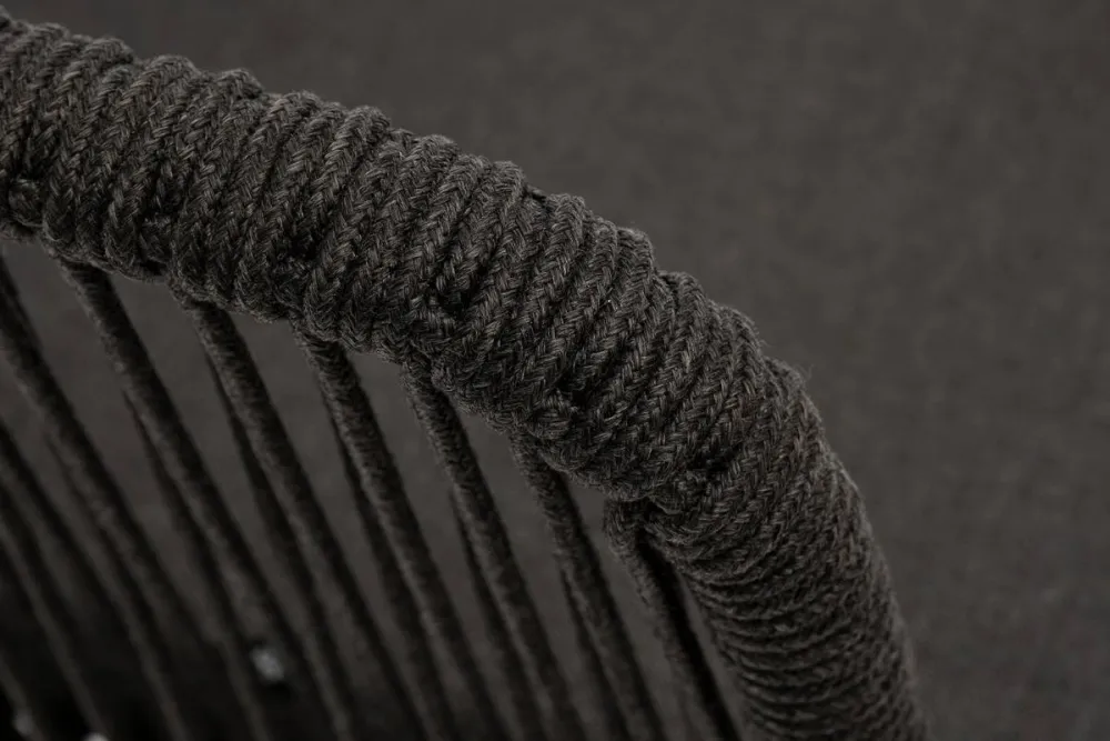 "Марсель" стул плетеный из роупа, каркас из стали золотой глянец, роуп темно-серый круглый, ткань серая