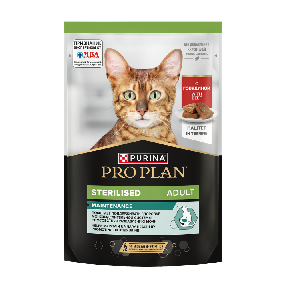 Pro Plan 75г. пауч для стерилизованных кошек, паштет с Говядиной Pro Plan 75г. пауч для стерилизованных кошек, паштет с Говядиной
