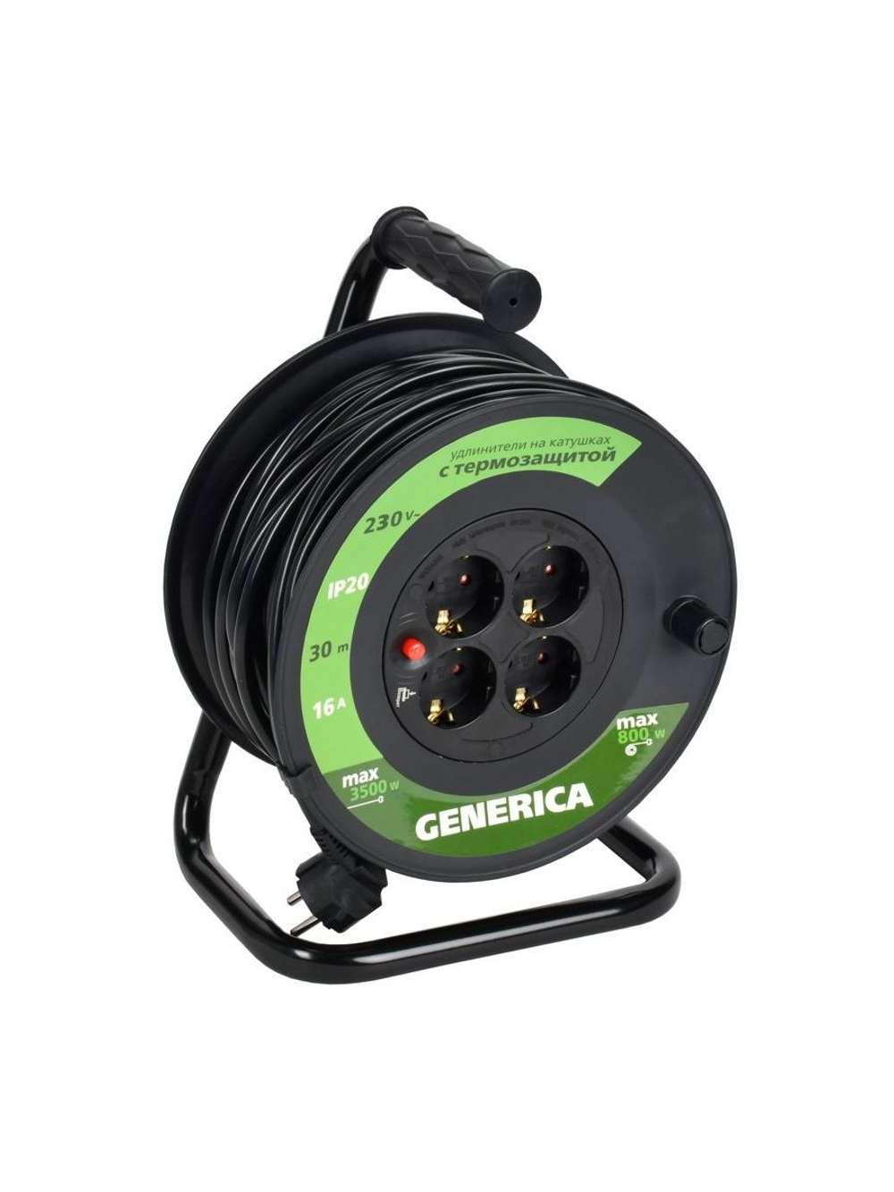 Удлинитель на катушке 4х30м 16А IP20 УК30 2P+PE 3х1.5 термозащита GENERICA WKP20-16-04-30-G