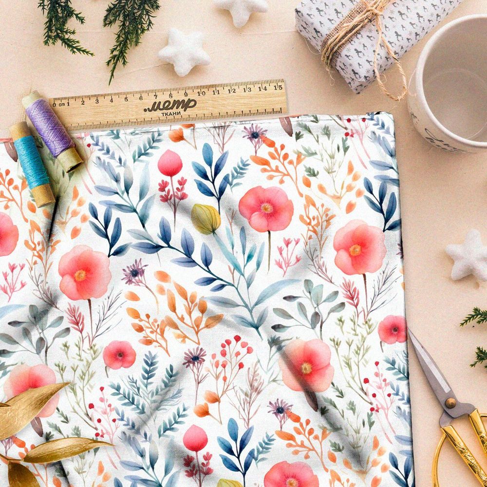 Ткань премиум таффета полевые цветы с синими веточками