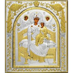 Икона Всецарица в серебряном окладе. 15 х 18 см