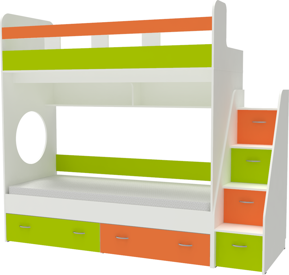 Двухъярусная кровать КарИВи Юниор 1 80x160 Белый  Лайм, Оранжевый