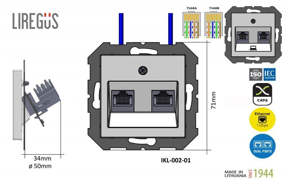 Розетка Компьютерная 2хRJ45 черный матовый LIREGUS RETRO