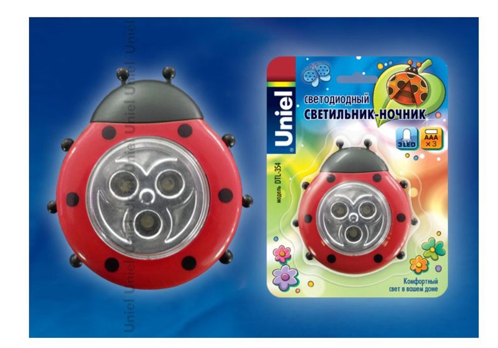 Ночник Uniel DTL-354 Божья Коровка/Red/3LED/3AAA светодиодный, цвет арматуры: красный
