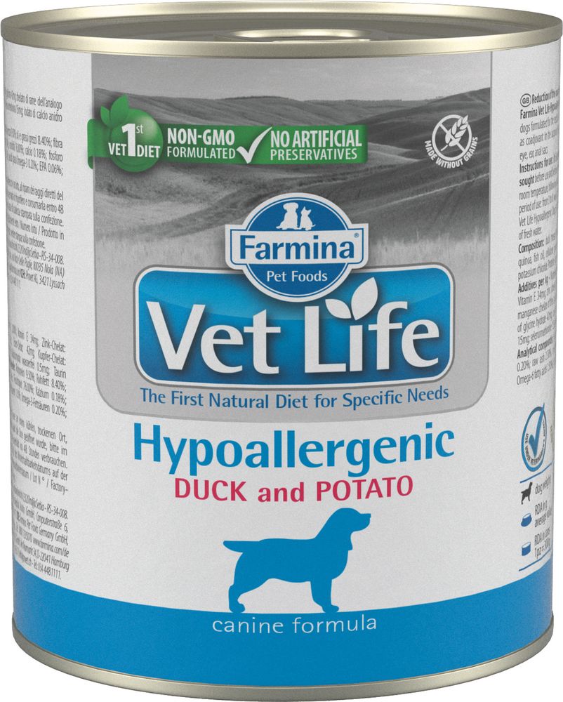 Farmina VetLife 300г конс. Hypoallergenic Duck &amp; Potato для собак, при пищевой аллергии или пищевой непереносимости, утка с картофелем