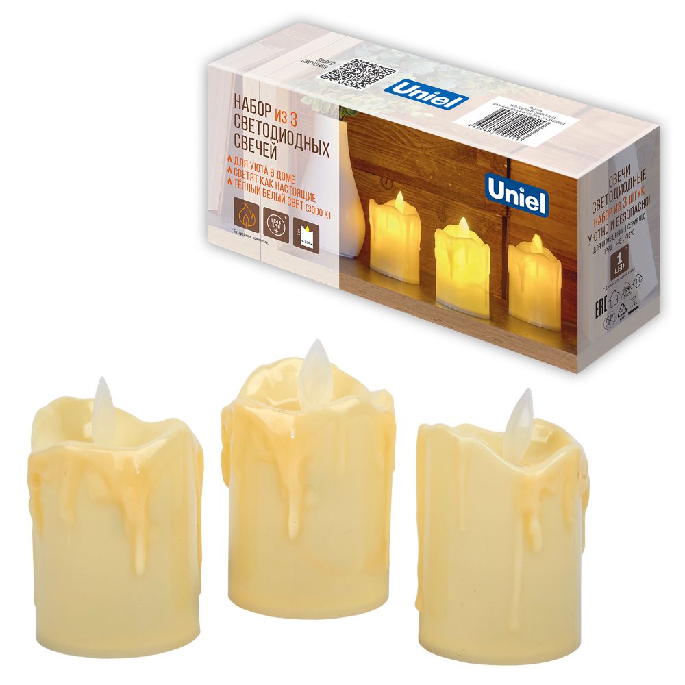 ULD-F062 WW CANDLE SET3 Фигура светодиодная Свеча на батарейках LR44 в-к. в составе набора из 3 штук. 1 светодиод. Теплый белый свет. TM Uniel