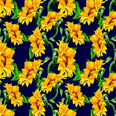 Желтые подсолнухи на синем фоне.