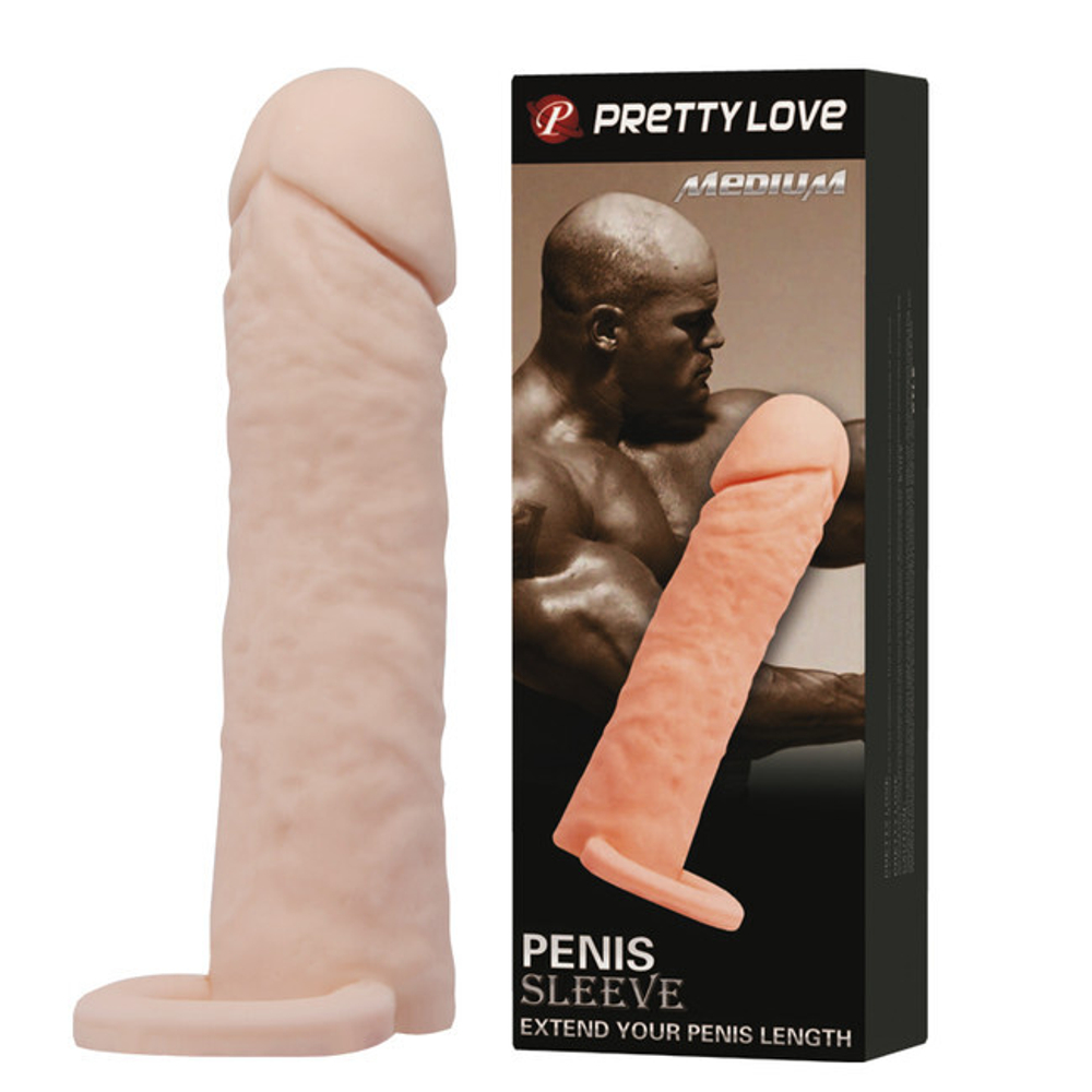 Удлиняющая насадка на пенис с фиксирующим кольцом Penis Sleeve Medium (Цвет: телесный)