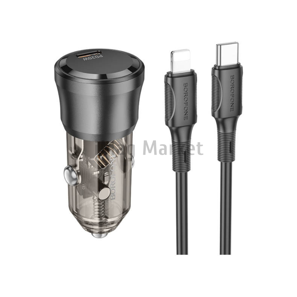 Автомобильное зарядное устройство Borofone BZ24, 1 USB-C, 20W, 3A + кабель Lightning, 1 м, черный прозрачный