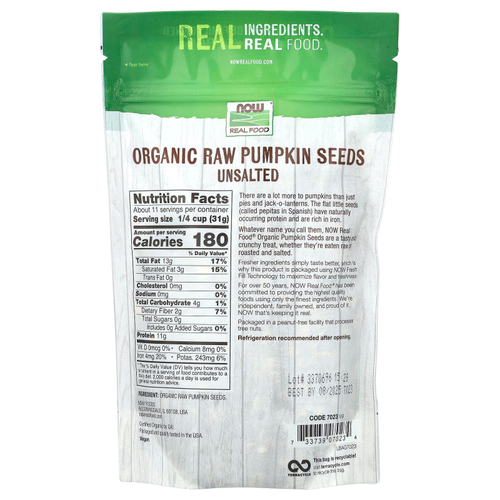 NOW Foods, Real Food, органические сырые семена тыквы, несоленые, 340 г (12 унций)