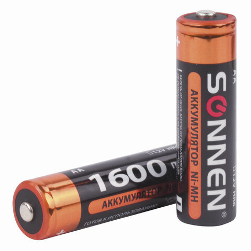 Батарейки аккумуляторные КОМПЛЕКТ 2 шт., SONNEN, АА (HR6), Ni-Mh,1600 mAh, в блистере