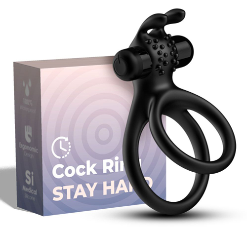 Черное эрекционное виброкольцо с подхватом мошонки Stay Hard