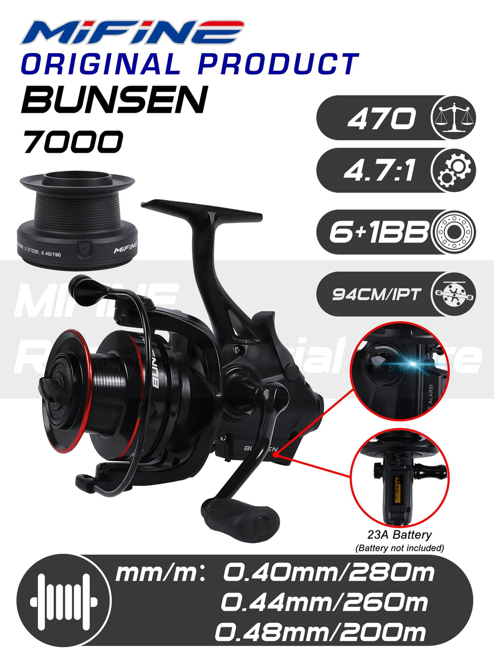 Катушка рыболовная MIFINE BUNSEN 7000B; 6+1подшипник, (с двойным фрикционом; запас.пласт.шпуля), для спиннинга, для карповой ловли, для фидерной ловли