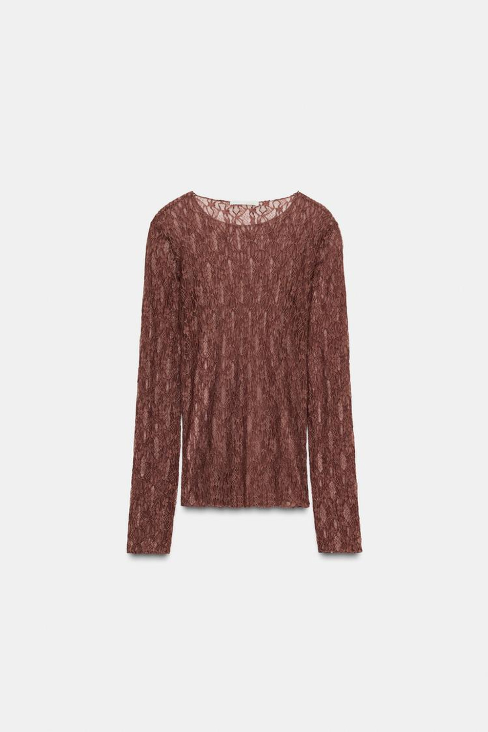 ZARA КРУЖЕВНОЙ ТОП С ДЛИННЫМИ РУКАВАМИ, КОРИЧНЕВЫЙ МЕЛАНЖ