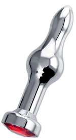 Серебристая удлиненная анальная пробка с красным кристаллом - 10 см.