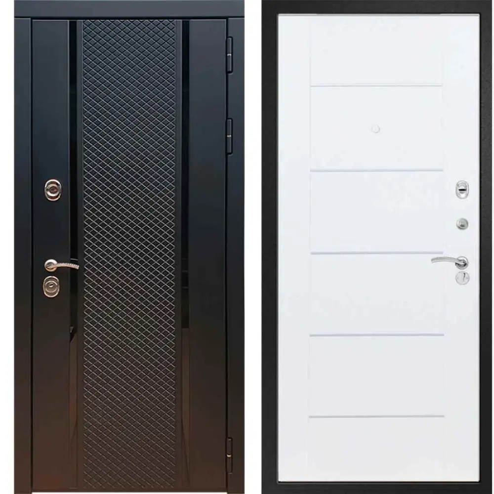 Входная металлическая дверь с зеркалом RеX (РЕКС) 25 кварц черный, фурнитура хром/ В 03 Молдинг Белый ясень