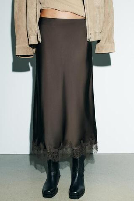 ZARA АТЛАСНАЯ ЮБКА МИДИ С КРУЖЕВОМ, ШОКОЛАДНО-КОРИЧНЕВЫЙ