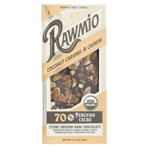 Rawmio, Каменный молотый необработанный шоколад, кокосовая карамель и кешью, 60 г (2,12 унции)
