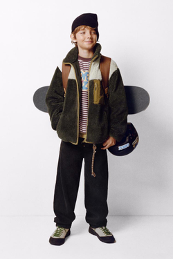 ZARA КУРТКА ИЗ ИСКУССТВЕННОЙ ОВЧИНЫ В СТИЛЕ КОЛОР-БЛОК, ХАКИ