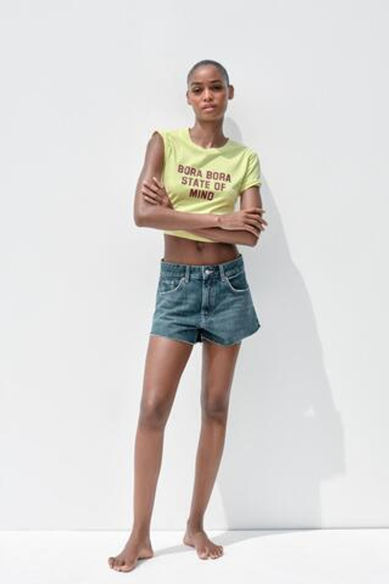 ZARA ФУТБОЛКА ИЗ ТКАНИ С ЭФФЕКТОМ ПОТЕРТОСТИ С НАДПИСЬЮ, ЛАЙМОВЫЙ